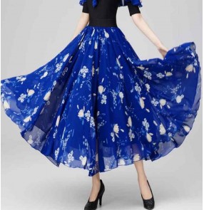 Royal blue flowers ballroom dance skirts for women girls waltz tango flamenco dancing long flowy swing skirts
